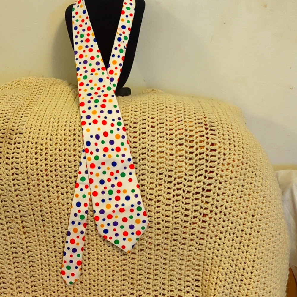 Men's polka dot tie 60" long white background with vibrant primary crayon colors